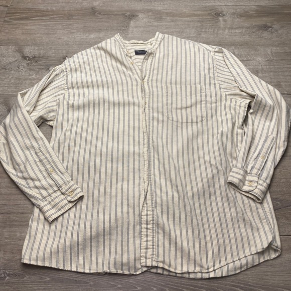 Britches Other - Britches Shirt Men L Beige Blue Striped Cotton Linen Band Collar USA Grandfather